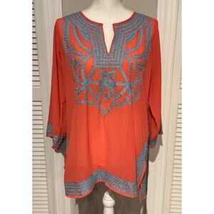 Gretchen Scott Coral Chiffon Embroidered Lightweight Tunic Cover Up Blouse Large